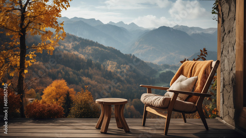 Empty chair in a stone and wooden terrace of a cottage in mountain village, face to beautiful mountain landscape view. Poster, Banner. Vacation and tourism concept. Caucasian mountains © KatyaPulina