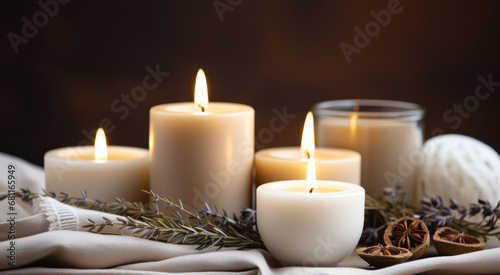 composition with white burning aromatic candles and dry herbs on a dark background with a copy of space
