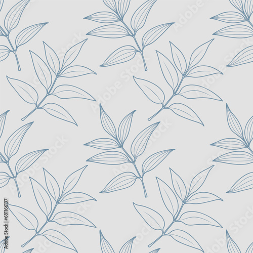 Vector seamless pattern with outline twig leaves. Scandinavian style design