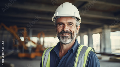 Smiling construction worker, wearing a hard hat,and a reflective vest, stands confidently at a construction site.