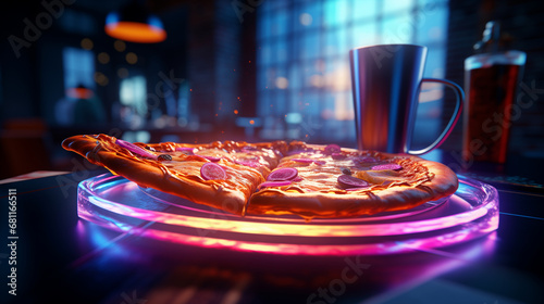 Pizza on the table in a restaurant. Flying pizza on a neon plate in a restaurant. 3d rendering