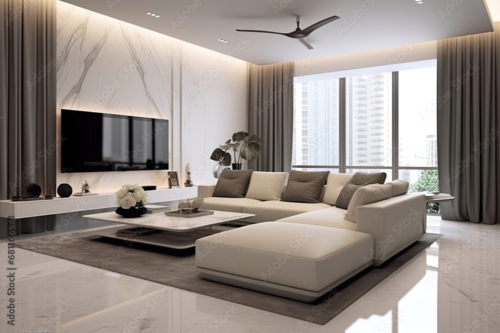 Modern living room flat home interior. Generative AI - obrazy, fototapety, plakaty 