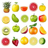 A collection of various fruits, including pineapple, orange, grapefruit, and kiwi, along with others, showcasing a fresh and colorful array, transparent PNG.