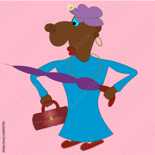 A woman in a dress, a cartoon character, stands with an umbrella in her hand, holding a fashionable handbag. there is a hairstyle on the head, earrings on the ears, a gold chain on the neck.