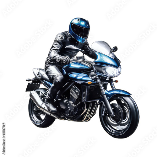 A man rides a sports motorcycle on transparent background