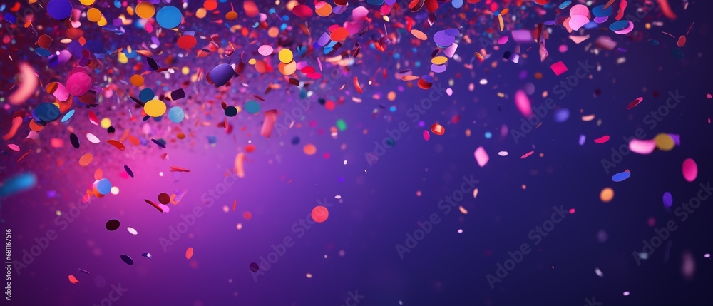 a festive and colorful party with flying neon confetti on a purple background - obrazy, fototapety, plakaty 