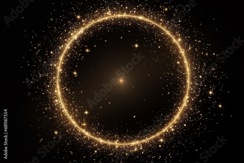 gold circle frame firework confetti of light golden spark particles on black background