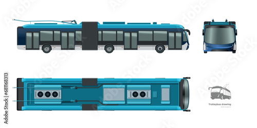Isolated trolleybus drawing. 3d urban transport blueprint. Top, side, front view of electricity vehicle. Trolley bus mockup
