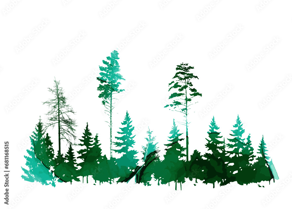 Fototapeta premium Green forest landscape. Watercolor trees. hand drawing. Not AI. Vector illustration