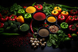 Concept of healthy diet, top view, fruits and vegetables at the table. red and green peppers, spices, herbs. 