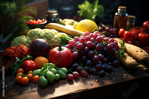 still life with fruits. Concept of healthy diet  top view  fruits and vegetables at the table. red and green peppers  spices  herbs. 