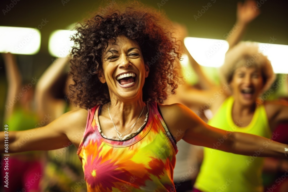 close up of smiling women with coach dancing zumba in gym or studio. fitness, sport, dance and lifestyle concept close up of smiling women with coach dancing zumba in gym or studio. fitness, sport, dance and lifestyle concept