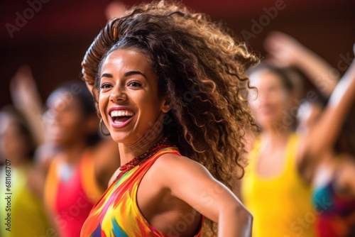 close up of smiling women with coach dancing zumba in gym or studio. fitness, sport, dance and lifestyle concept