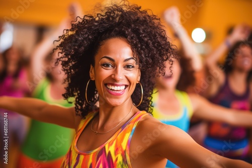 close up of smiling women with coach dancing zumba in gym or studio. fitness  sport  dance and lifestyle concept
