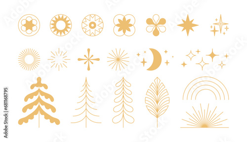 Vector greeting card with stars and sparkles in line style  - feliz navidad, horizontal banner and background, merry christmas and happy holidays