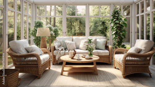 a bright sunroom with large windows and wicker furniture