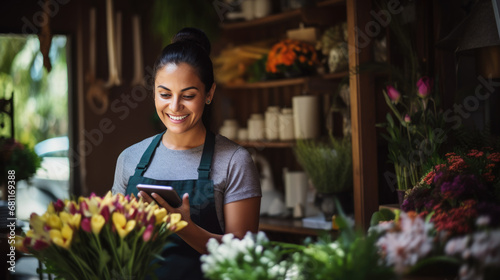 Smiling woman is standing in a flower shop looking at her smartphone, with shelves of plants and flowers in the background. © MP Studio
