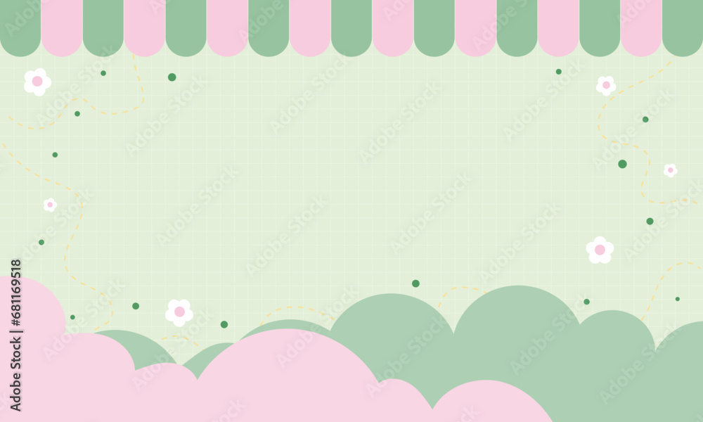 Cute green background with clouds, floral and scribbles vector