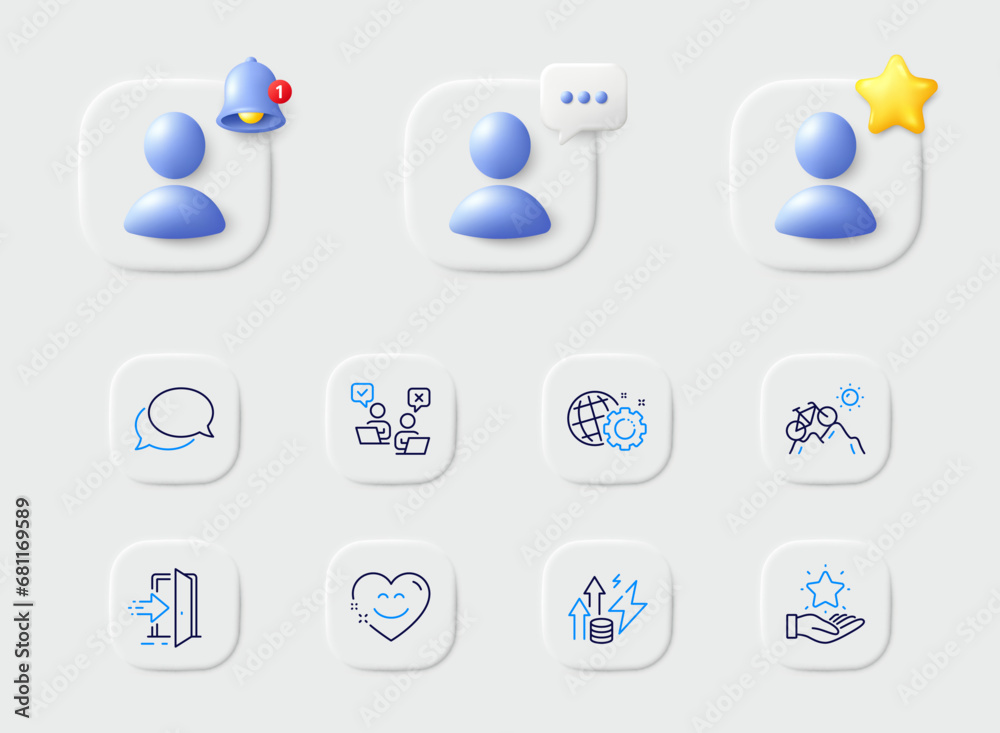 Energy inflation, Smile chat and Loyalty program line icons. Placeholder with 3d star, reminder bell, chat. Pack of Mountain bike, Entrance, Seo gear icon. Online voting, Messenger pictogram. Vector Energy inflation, Smile chat and Loyalty program line icons. Placeholder with 3d star, reminder bell, chat. Pack of Mountain bike, Entrance, Seo gear icon. Online voting, Messenger pictogram. Vector
