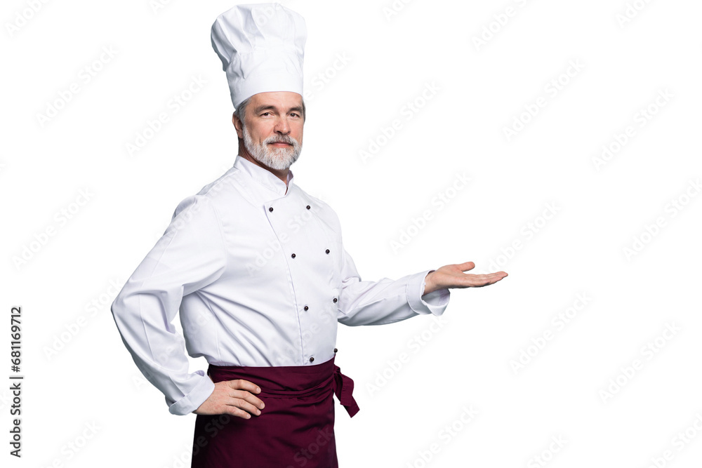 Portrait of a happy chef cook showing copyspace on the palms isolated on transparent background