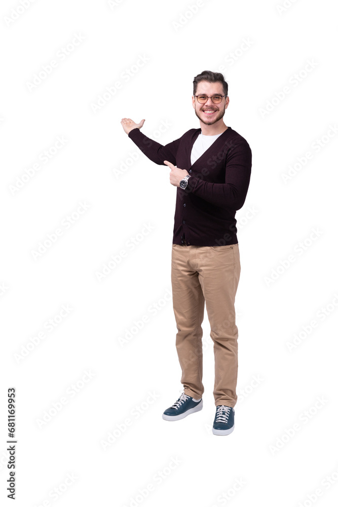 full length portrait of a young casual man presenting something in the back isolated on transparent background full length portrait of a young casual man presenting something in the back isolated on transparent background