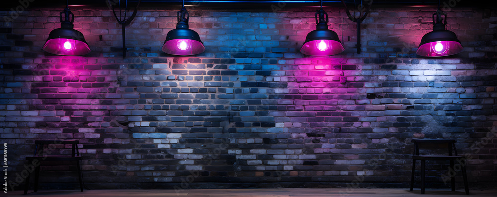 Background of a black brick wall with neon lights ranging from pink to blue. Suitable for product demonstration - obrazy, fototapety, plakaty 