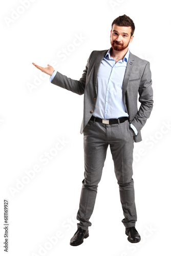 full length portrait of a young casual man presenting something in the back isolated on transparent background
