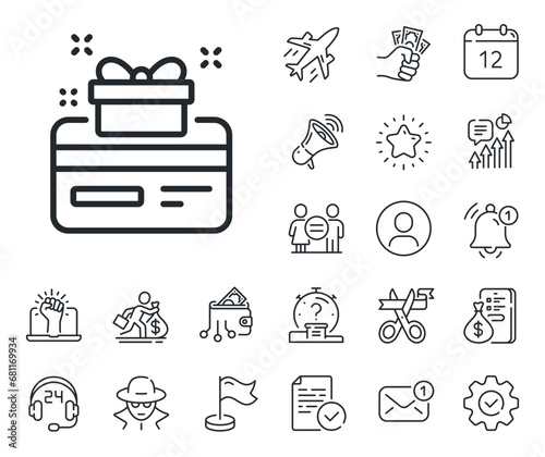 Bonus points. Salaryman, gender equality and alert bell outline icons. Loyalty card line icon. Discount program symbol. Loyalty card line sign. Spy or profile placeholder icon. Vector