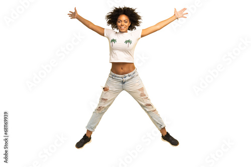 Fotografie Full length portrait of a cheerful young african woman celebrating success while