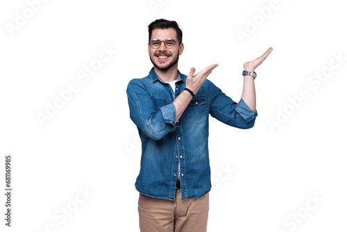 smiling young casual man presenting something on transparent background