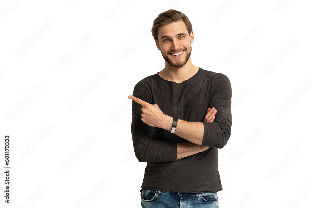 Positive young man pointing aside with fingers hand gesture at copy space advertising product, presenting sale discount standing isolated on transparent Positive young man pointing aside with fingers hand gesture at copy space advertising product, presenting sale discount standing isolated on transparent