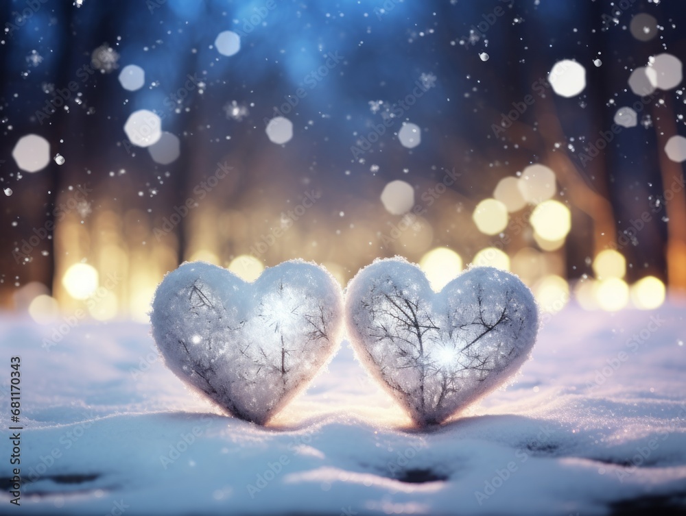 Fototapeta premium heart of the stars. Two heart-shaped figures made from snow in a beautiful snow and bokeh background. Perfect for a winter romance. The image will evoke feelings of love and joy Illustration