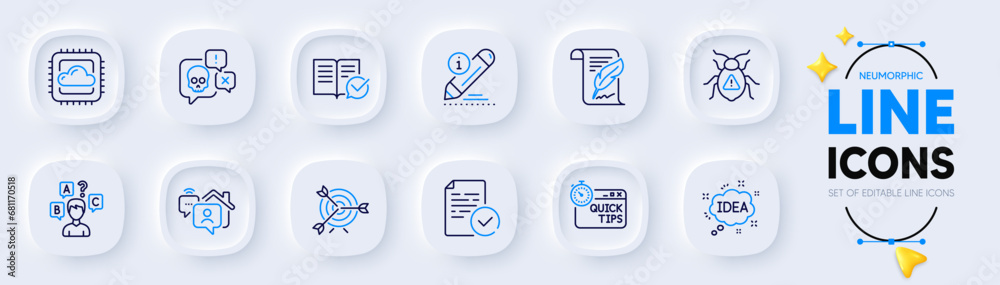 Feather, Compliance and Approved documentation line icons for web app. Pack of Cyber attack, Quiz test, Cloud computing pictogram icons. Quick tips, Work home, Idea signs. Target. Vector