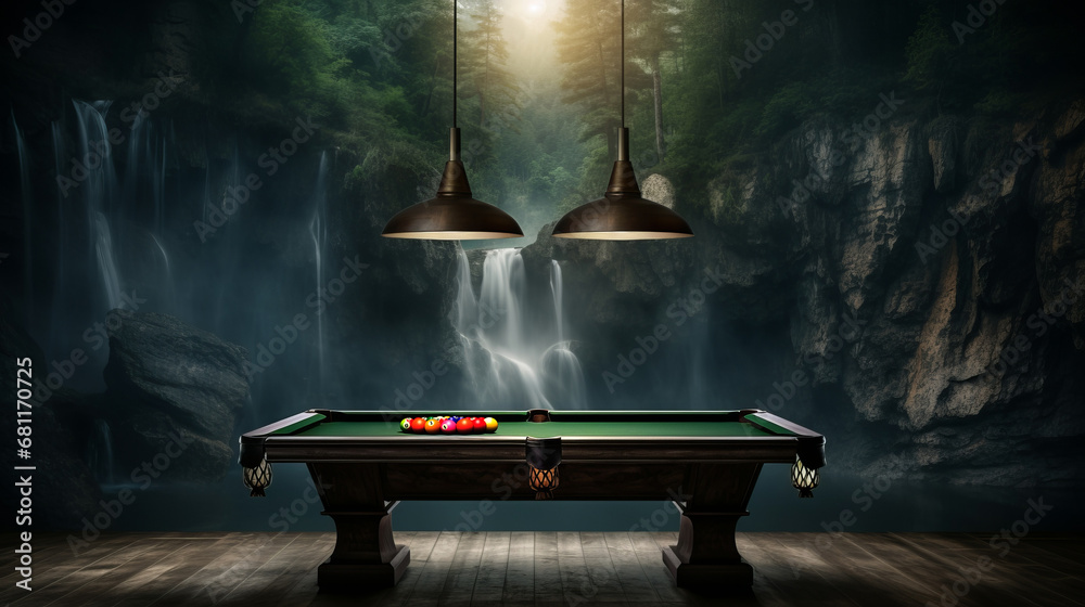 Billiard table against picturesque landscape of serene nature captures tranquil concentration of billiards game symbolizes fusion of strategic pool gameplay with calming influence of outdoors - obrazy, fototapety, plakaty 