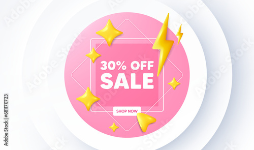 Sale 30 percent off discount. Neumorphic promotion banner. Promotion price offer sign. Retail badge symbol. Sale message. 3d stars with energy thunderbolt. Vector
