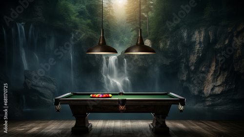 Billiard table against picturesque landscape of serene nature captures tranquil concentration of billiards game symbolizes fusion of strategic pool gameplay with calming influence of outdoors photo