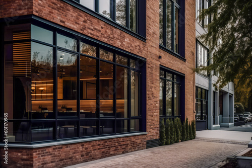 Modern Restaurant Facade with Red Brick Accents and dark glass windows photo