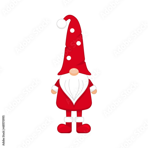 Christmas gnome in spotted cap with funny boots. Happy new years character in red hat covering his eyes with white beard as festive scandinavian symbol of wealth and prosperity