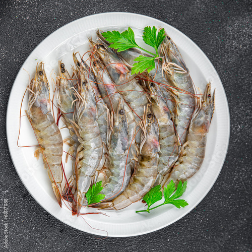prawn raw shrimp fresh seafood eating cooking meal food snack on the table copy space food background rustic top view