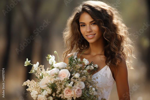 African bride on the background of nature holding a luxurious boho bouquet