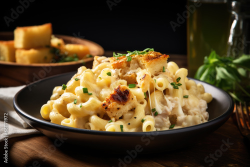 Chicken ranch mac and cheese on the plate close up photo