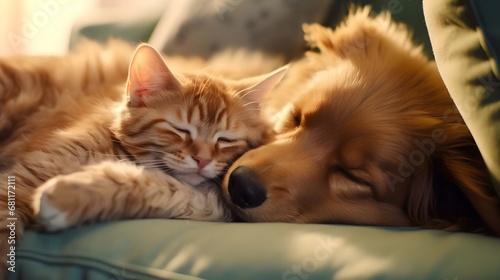 A red cat and a dog are resting on the sofa.