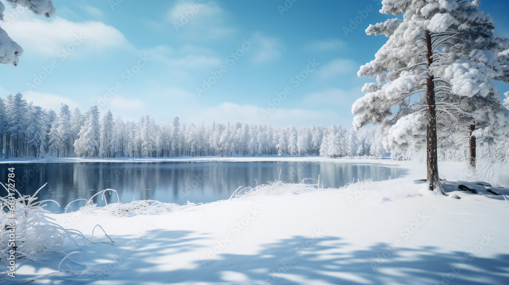 snow covered landscape, trees around a lake