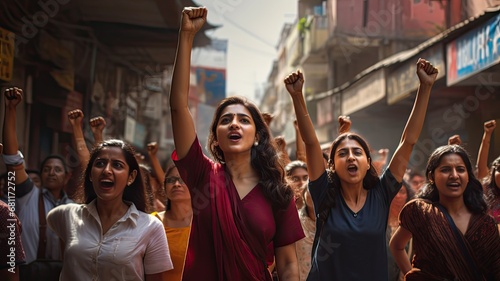 Women's Day. Group of united Indian women claiming their power in the streets Generative AI © Barsimur