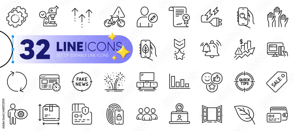 Outline set of Rise price, Lock and Box size line icons for web with Fireworks, Video conference, Bell thin icon. Web timer, Leaf, Card pictogram icon. Online payment, Edit user, Voting hands. Vector