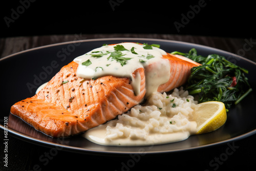 Salmon with coconut cream sauce on the black plate close up