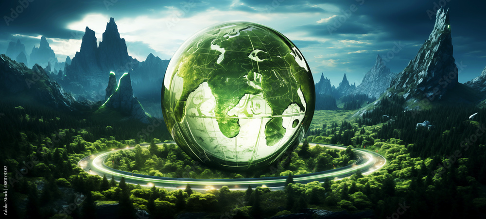 Globe view, nature photography, tropical forest, green transformation for concept design. Environmental conservation - obrazy, fototapety, plakaty 