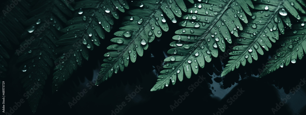 Natural fern pattern. Beautiful background made with young green fern leaves. Wet green foliage natural floral background. Rainy forest