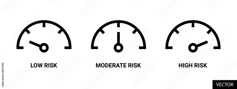 Risk meter, low, moderate, high risk gauge scale vector icons in line