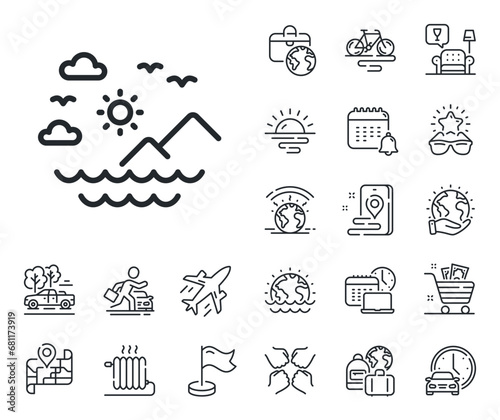Sun, clouds and waves sign. Plane jet, travel map and baggage claim outline icons. Travel sea mountains line icon. Summer holidays symbol. Sea mountains line sign. Vector